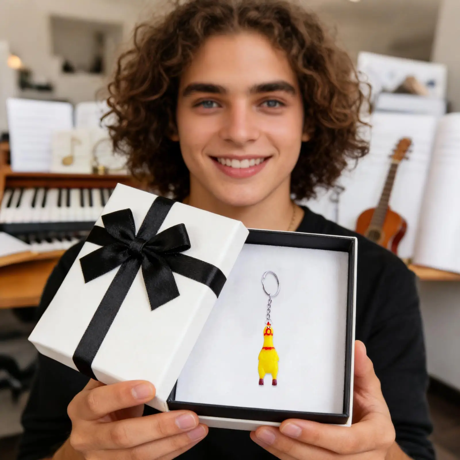 

Funny Keychains Interactive Squeeze Practical Joke Yellow Chicken Squeaky Toy Pendant for Men for Adults Teens Men Women Friends