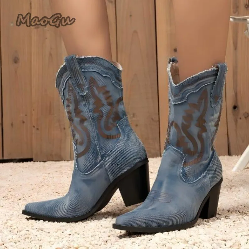 

Джинсовые короткие сапоги, женская обувь, модные ботильоны без шнуровки с острым носком на массивном каблуке, Mujer, ковбойские сапоги в стиле вестерн, Botas De Mujer