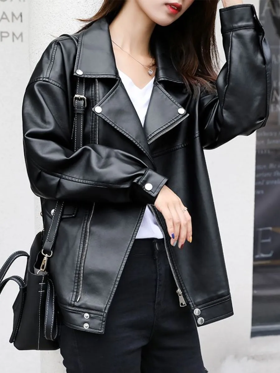

Women's Leather Jacket Winter Loose Korean Style Student Fleece Lined Thickened Motorcycle Short Coat Knee Health Ring