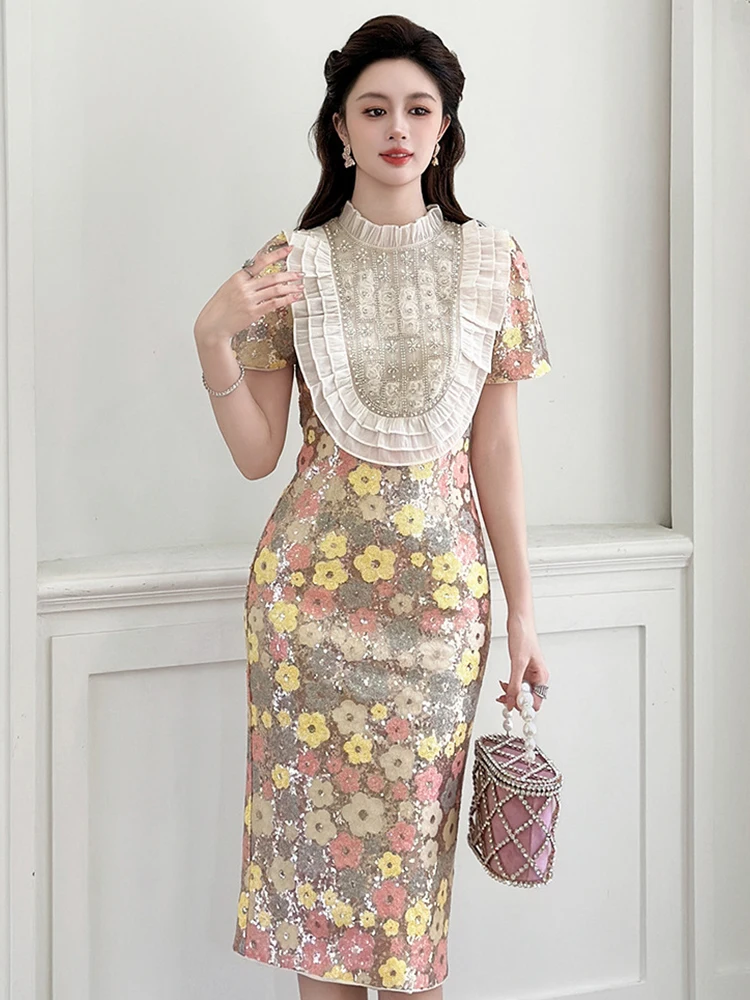 Frauen Shiny Pailletten Robe Floral Rüschen Stehen Neck Schlank Vestidos Bodycon Midi Kleid Elegante Dating Party Prom Weibliche Kleid Abend