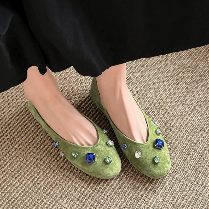 

Spring and Summer New Shallow Mouth Round Toe with Skirt Ballet Single Shoes Women's Rhinestone Flats