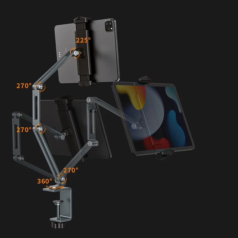 Soporte de aluminio para tableta, tres brazos, cualquier Ángel, ajustable, escritorio, cama, iPad Pro 12,9, Mini Xiaomi Mipad Lenovo
