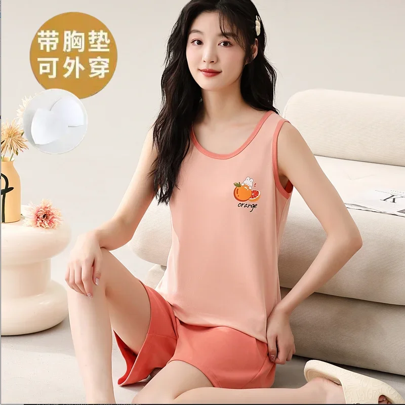 

Korean Fashion Summer Sleeveless Homewear with Bra Pad Young Girl Pjs Pyjamas Cotton Breathable Pajamas For Women Mujer Pijamas