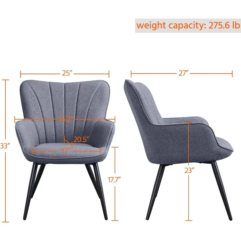 Accent Chair, Linen Fabric Vanity Chair Living Room Chair with Mental Legs and High Back for Living Room Bedroom , Grey