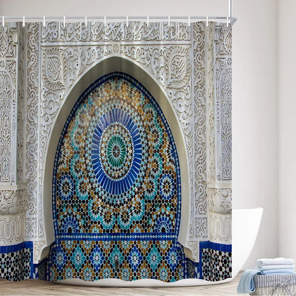 Moroccan Style Shower Curtains Vintage Architectural Plants Modern Home Wall Hanging Polyester Fabric Bathroom Decor with Hooks