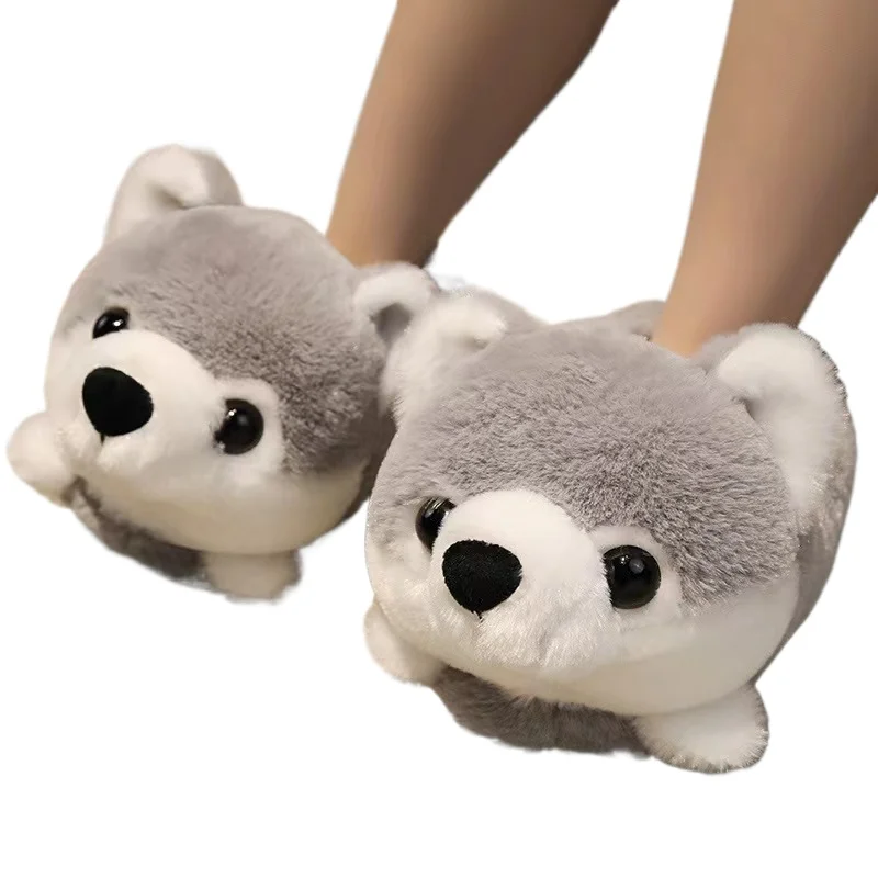 Woman Super Cute Cartoon Husky Dog Plush Doll Slippers Lovely Soft Stuffed Animal Cotton Shoes Warm Winter Indoor Anime Slides