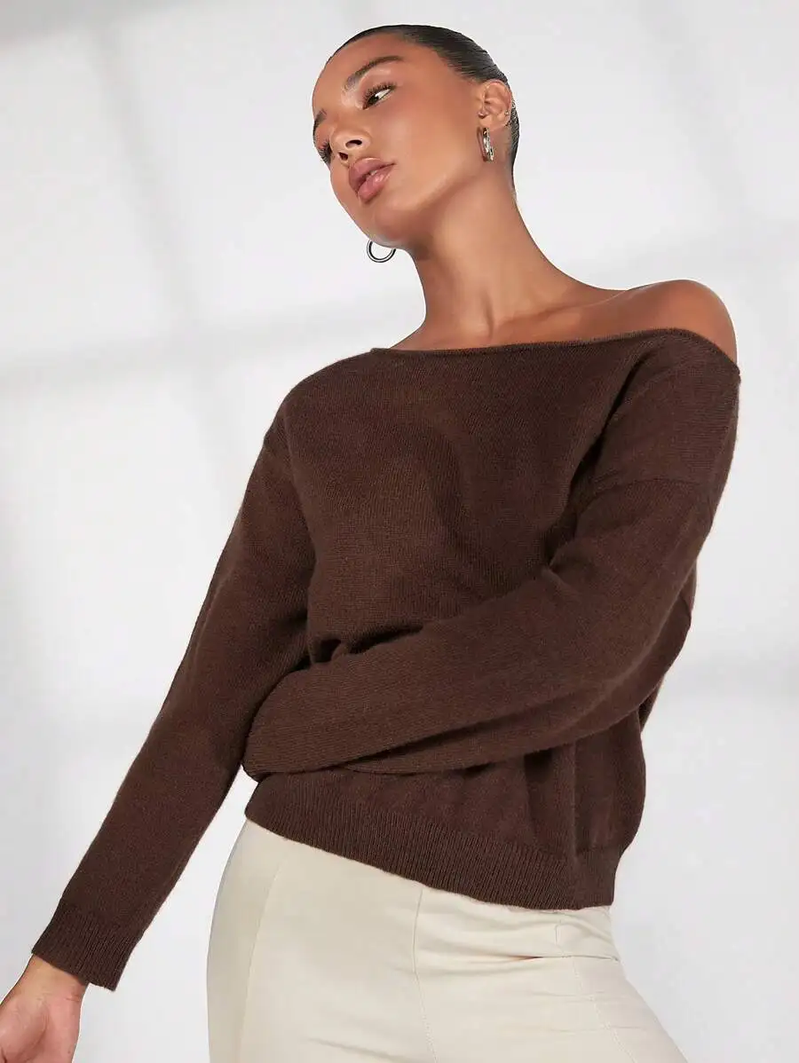 

Women's Solid Off-Shoulder Drop Shoulder Sweater, Loose Long Sleeve Pullover for Late Fall Casual Wear