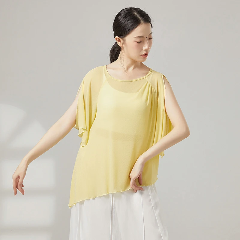 

Классические танцевальные костюмы для женщин: топ из сетчатой ткани, рубашка с короткими рукавами, свободная блузка-сари, асимметричный подол, китайская сценическая одежда для танцев