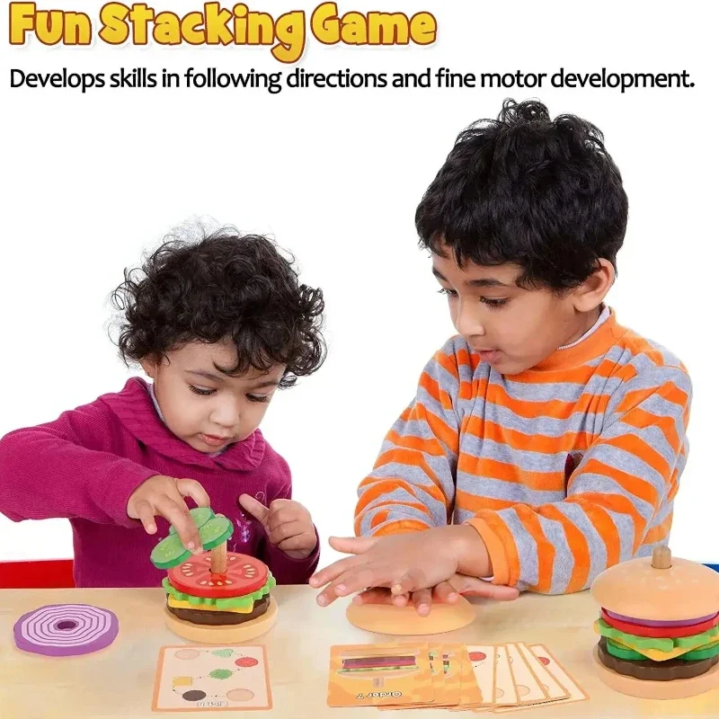 Wooden Hamburger Stacking Toy Montessori Kid Preschool Educational-Toy Color Shape Cognition Matching Kitchen Toys For Children