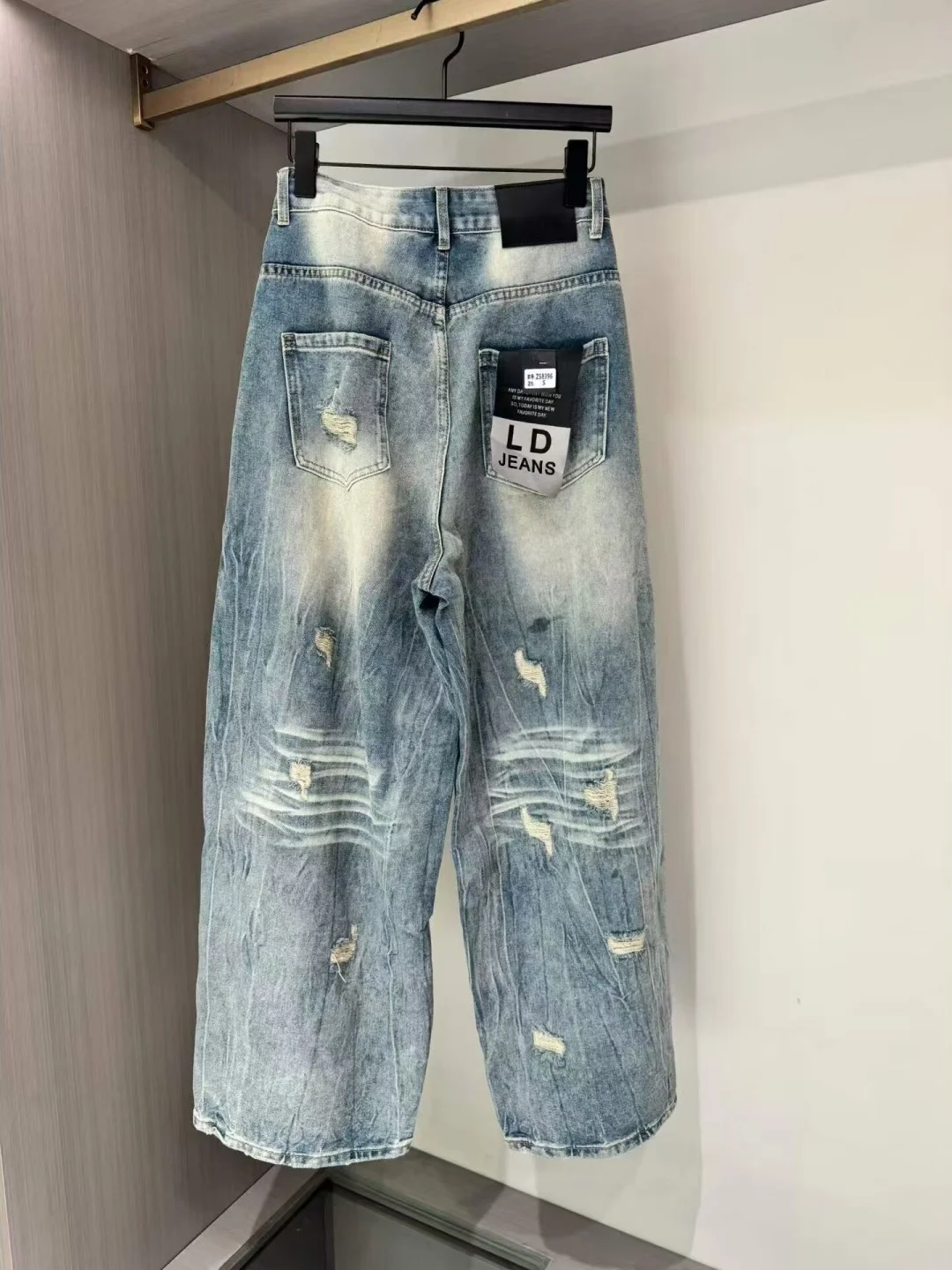 Retro American Trendy Washed Wide Leg Denim Jeans Women's Summer New High Street Loose Match Long Pants Torn Hole Casual Jeans