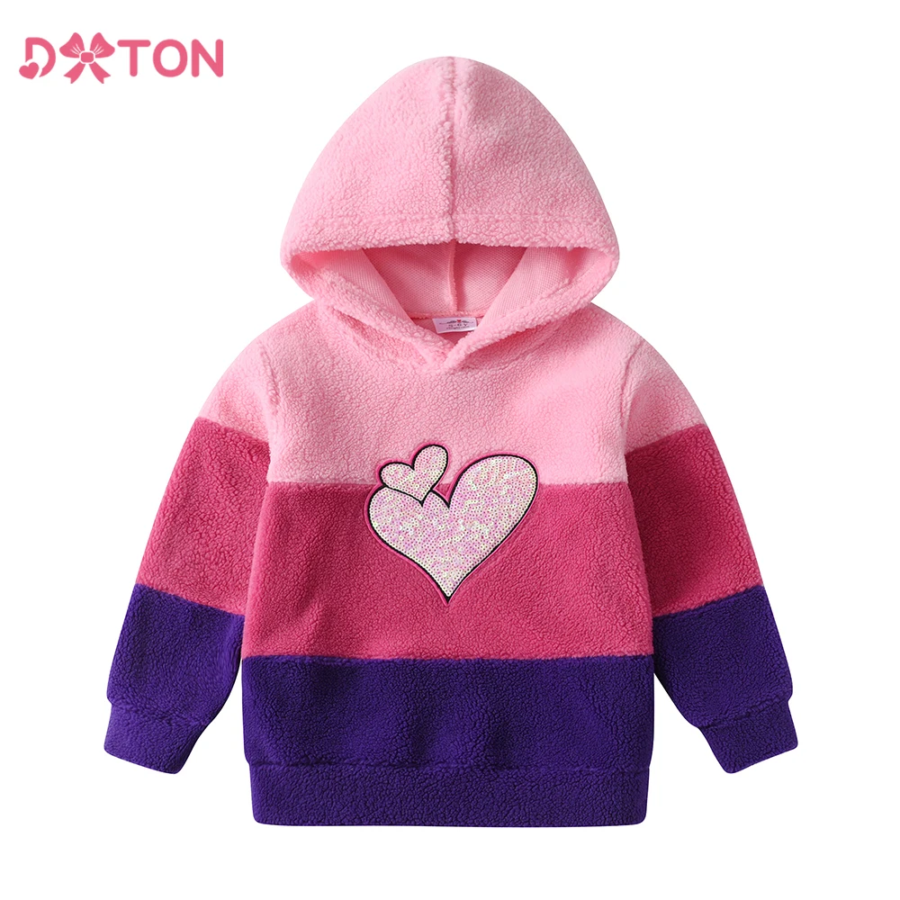 DXTON baru musim semi musim gugur balita Sweatshirt untuk anak perempuan berkerudung Atasan pakaian hati payet Polar bulu anak-anak Hoodies Sweatshirt