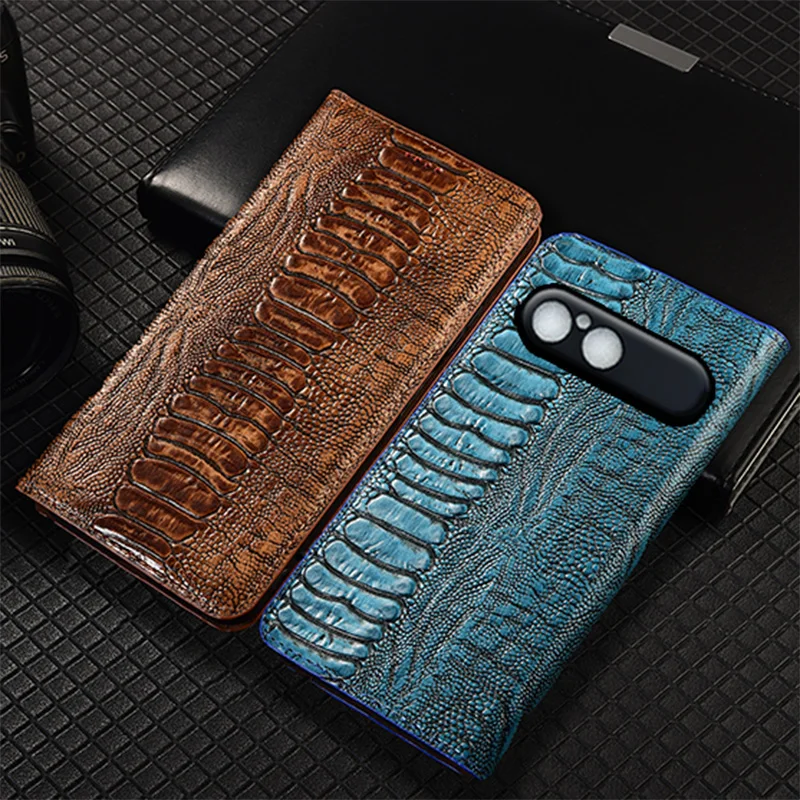 

Ostrich Pattern Genuine Leather Flip Case For Sony Xperia 10 VII Phone Cover Card Cases Scratch Proof