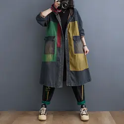 Autumn Vintage Denim Long hooded Trench Coat Women single-breasted Patchwork Windbreak Ladies Casual Loose Cowboy overcoat R562