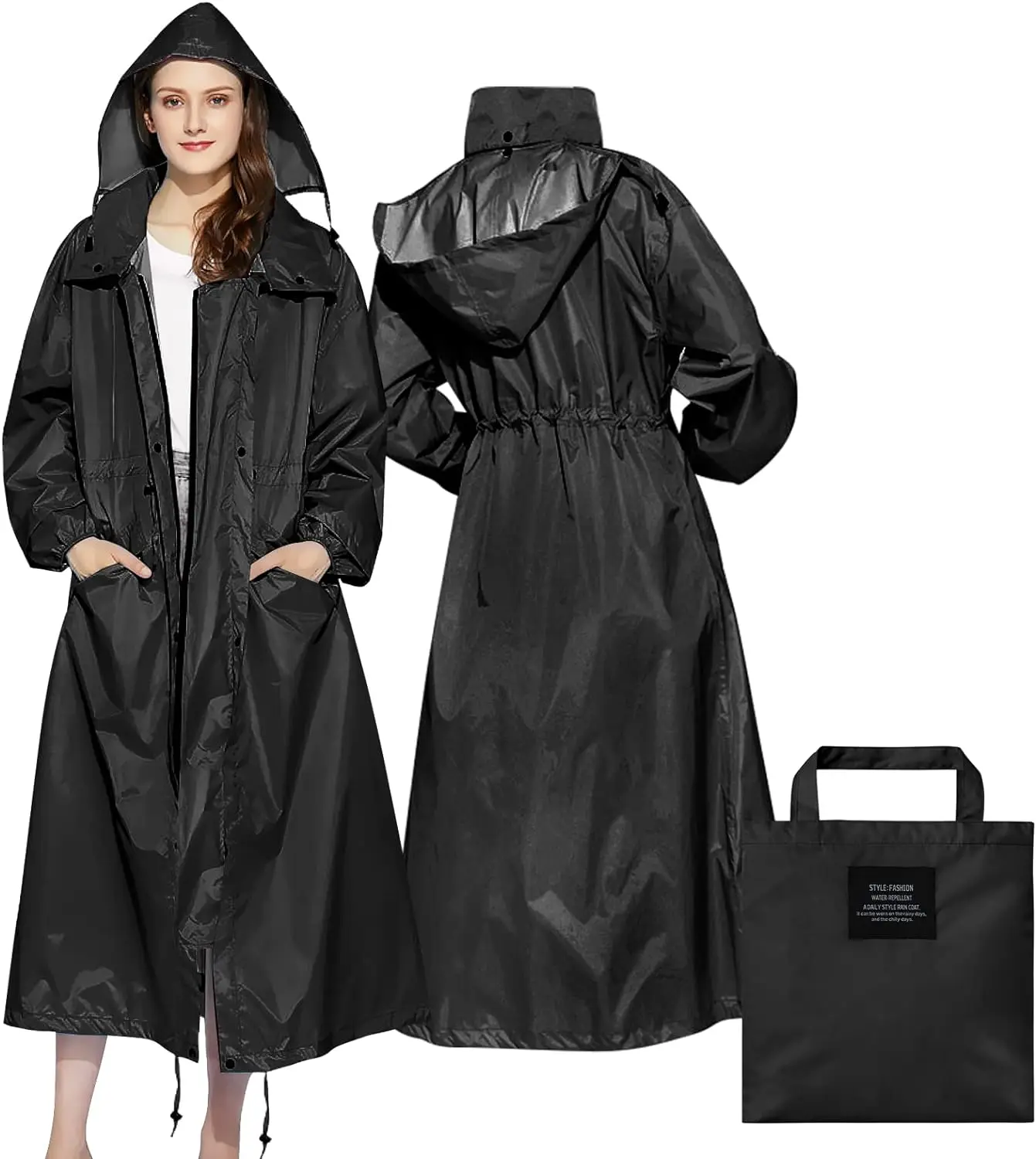 

Womens Long Raincoats Rain Jacket Waterproof Packable Hooded Windbreaker Lightweight Adjustable Waist for Outdoor Capa De Chuva