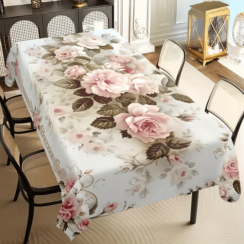 Spring Pink Rose Print Rectangle Tablecloth Wedding Decorations Summer Floral Dining Table Cloth Mother's Day Gift Party Decor
