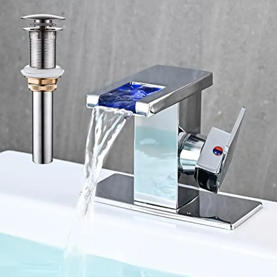 

LED Bathroom Sink Faucet, Waterfall Single Hole Handle Vanity Faucets for Sinks 1 Hole with Metal Pop Up Drain and 2 Water Supp