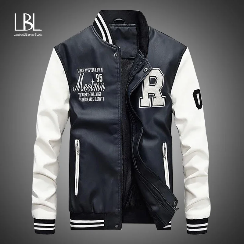 

New Men Leather Jacket 2020 Brand Embroidery Baseball PU Jackets Male Casual Luxury Winter Warm Fleece Pilot Bomber Jacket Coat