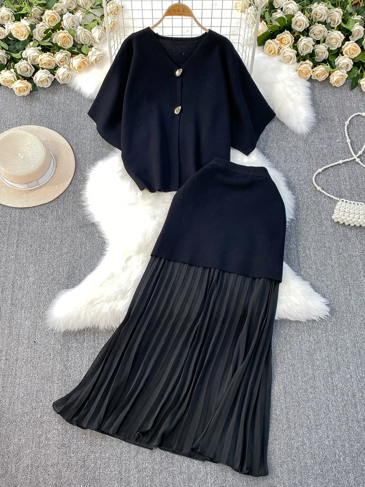 

Faionable V-ne Top High Waist Pleated Slimming f-length Skirt Two-piece Set Simple Ele Matching Workwear orm