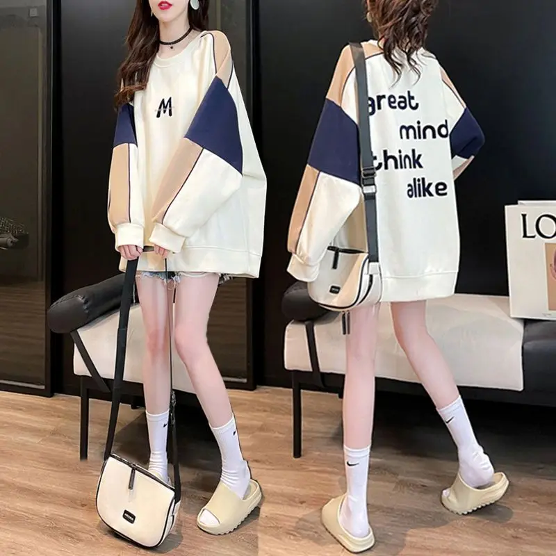 Autumn Winter Casual Patchwork O-neck Long Sleeve Mid Length Top Female All-match Letter Loose T-Shirts Women Clothing Trend