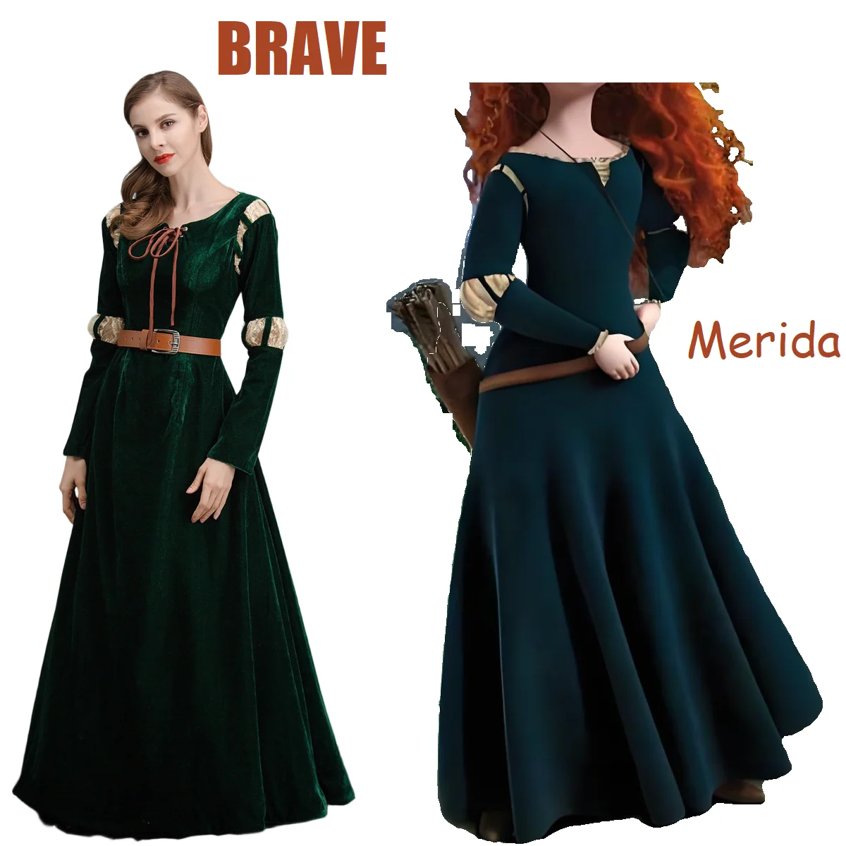 Tapferes Cartoon-Filmfigur Cosplay-Kostüm, Prinzessin Merida Hofkleid Halloween Bühnenkostüm