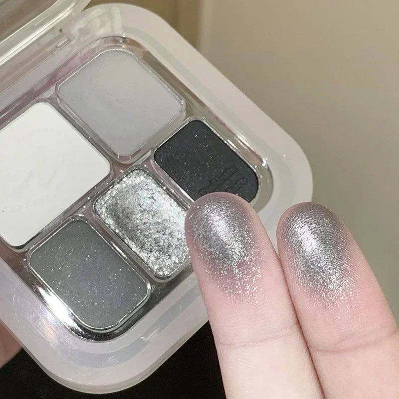 5-Color Punk Smokey Eye Makeup Eyeshadow Palette Silvery White Cement Gray Dark Black Matte & Shimmer Lasting Party Makeup