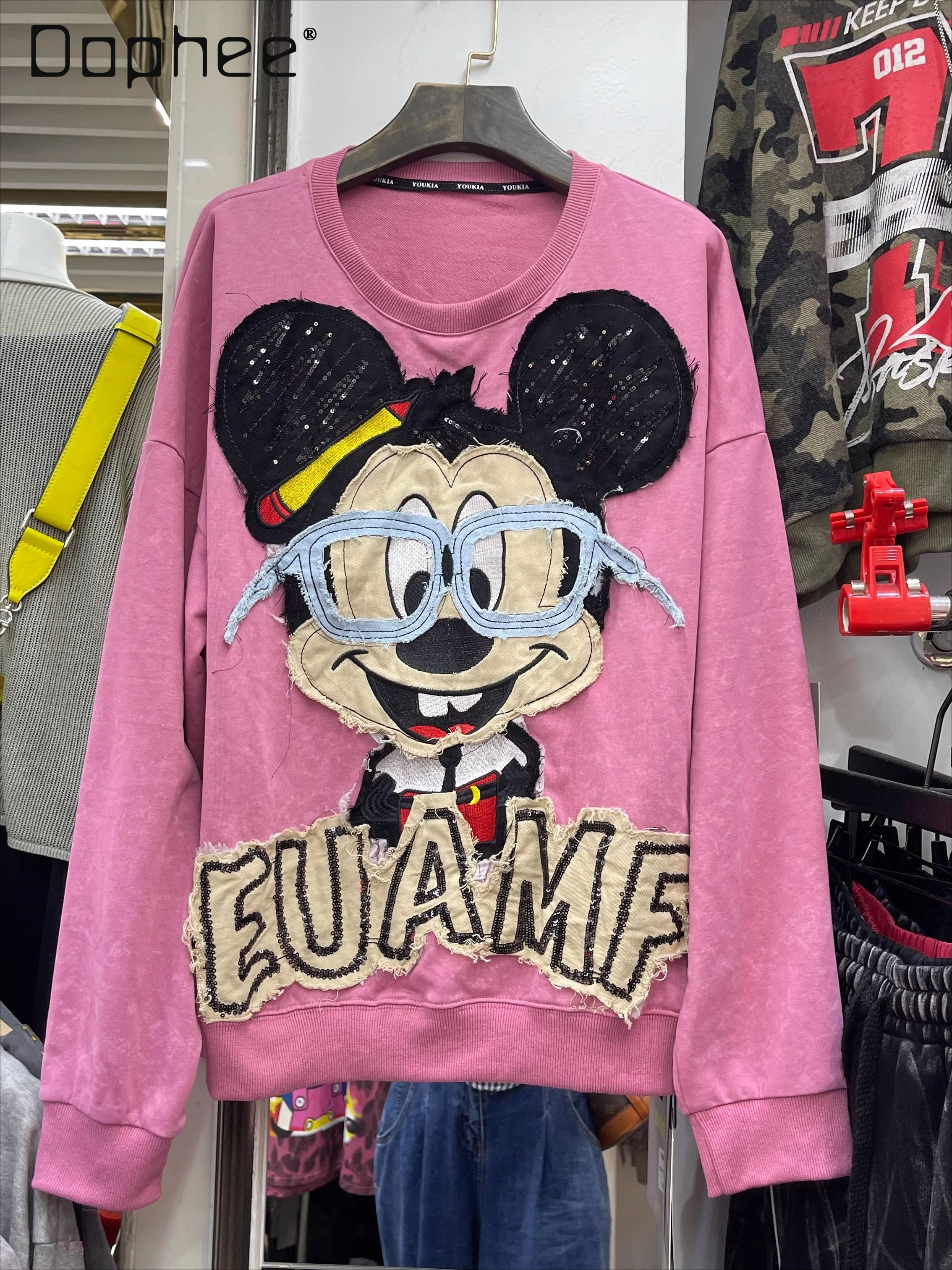 Early Autumn Fashion Trend American Style Casual Heavy Sequin Cartoon Patch Pullover Sweatshirt Loose Casual Long Sleeve Top