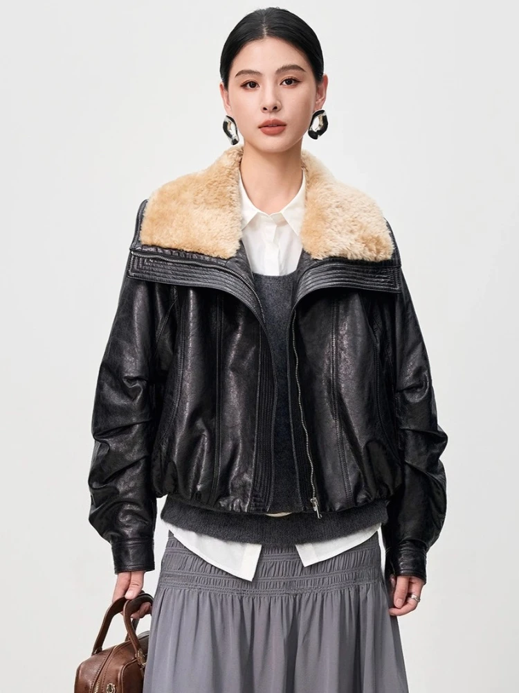 

Natural Wool Collar Genuine Leather Down Jackets for Women 2026 New High-end Simple Short Winter Real Sheepskin Goose Down Coat