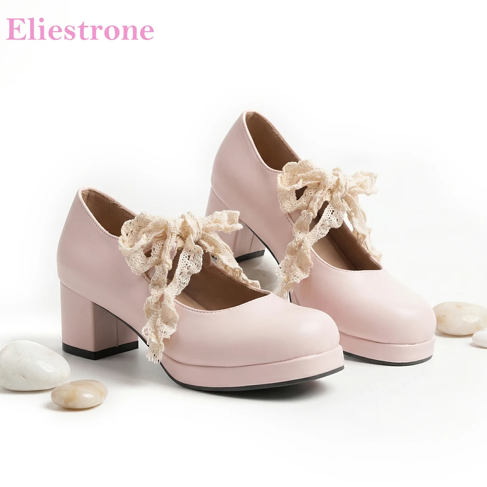 

2026 Spring Sweet Pink Women Pumps Platform High Block Heel Lady Shoes Oversize Plus Size 40 45 48 for Daily Wear