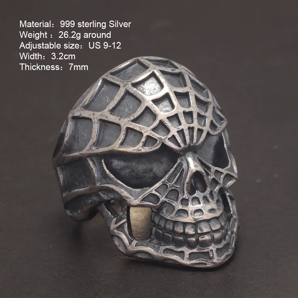 999 Sterling Silver Spider Man Ring Opening Type US Size 7-12 Adjustable Retro Punk Rock Adjustable Exaggerated Big Jewelry