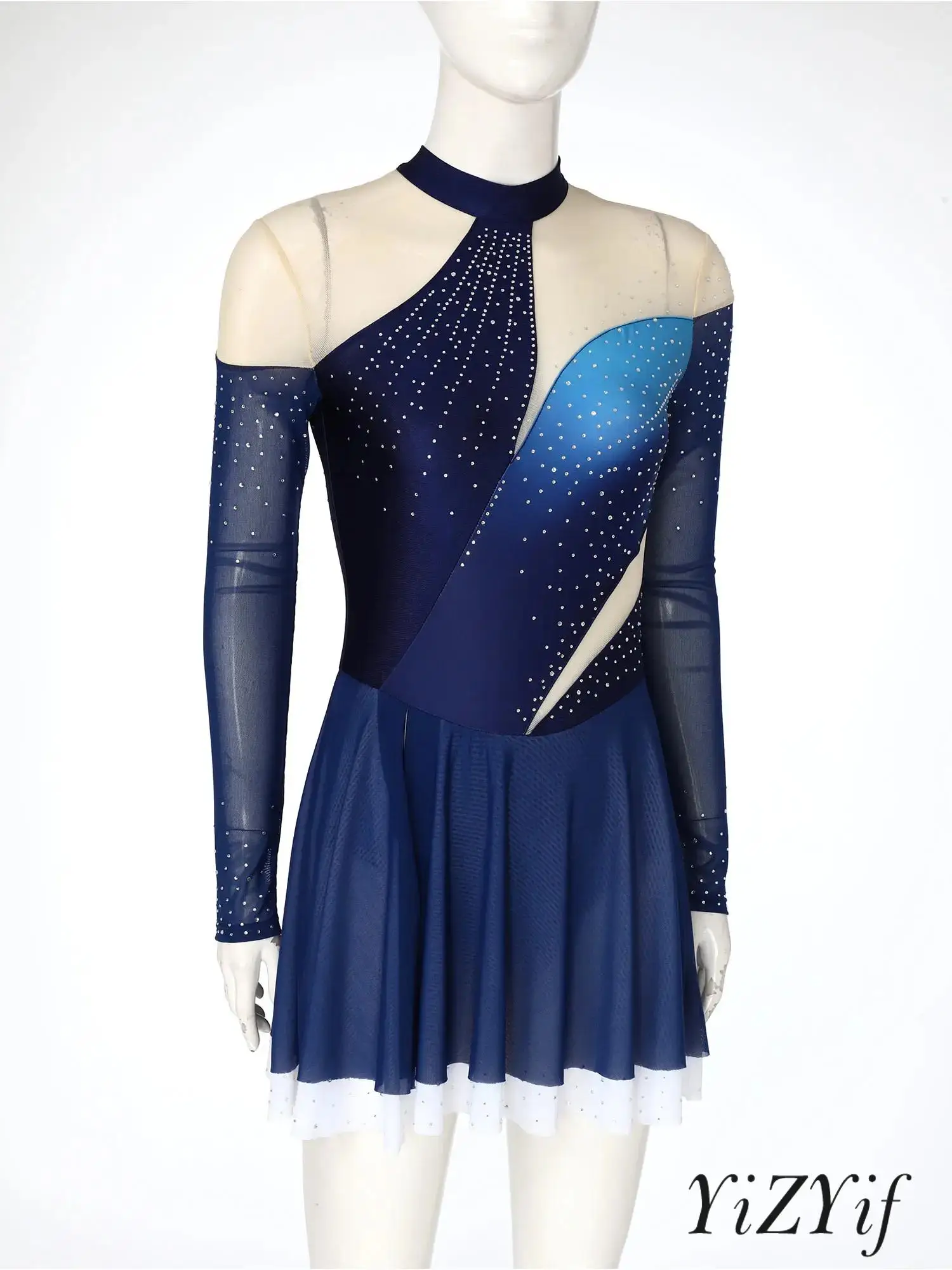 

Womens Artistic Skating Dress Shiny Ruffled Gradient Mesh Long Sleeve Ballet Jazz Dance Performance Costume Modern Dance Wear