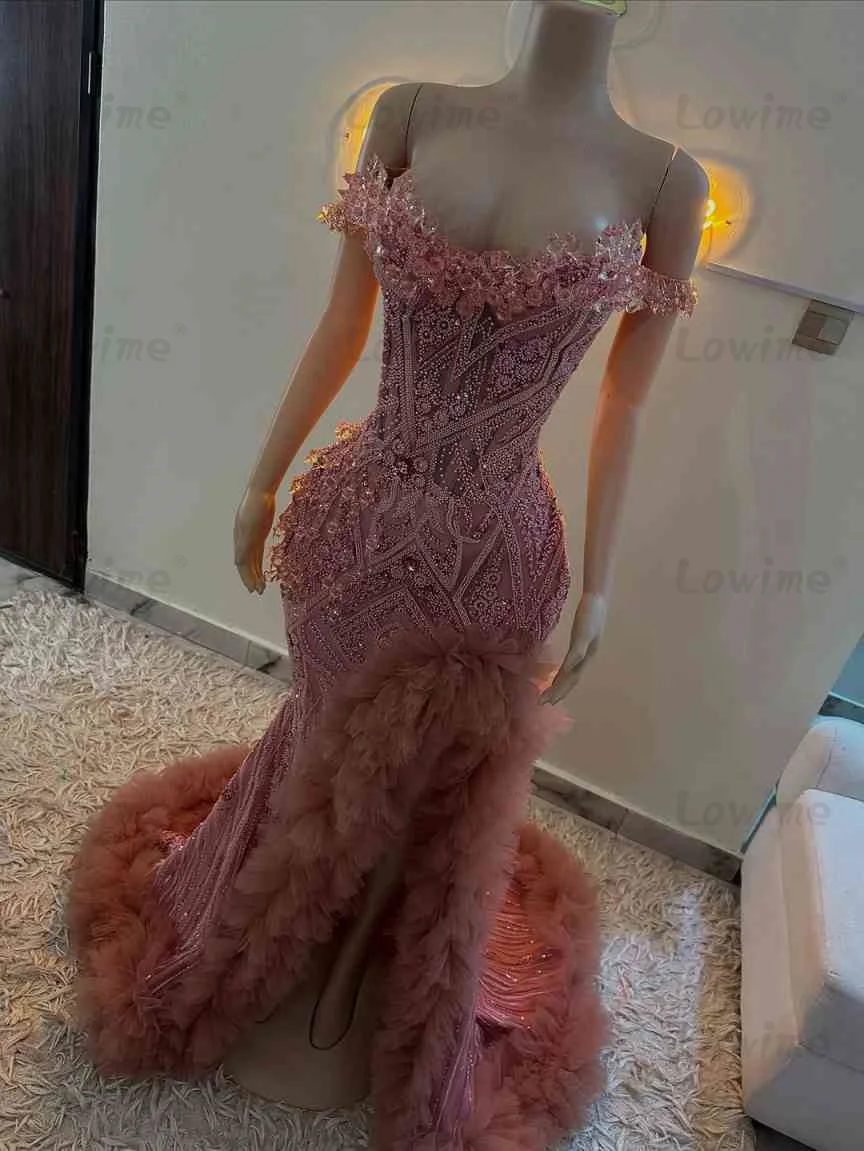 섹시한 핑크 파티 드레스 크리스탈 인어 프롬 드레스 2026 맞춤형 주름 장식 스플릿 사이드 롱 셀러브리티 이브닝 가운