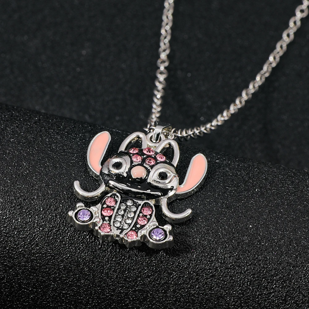 1개 디즈니 릴로 & 스티치 힙합 목걸이 귀여운 라인스톤 펜던트 목걸이 패션 애니메이션 장난감 선물