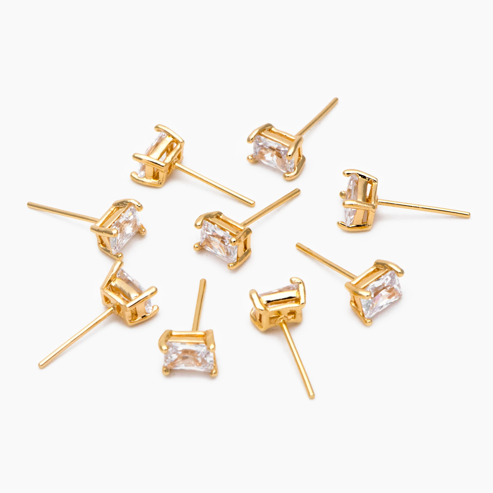 10pcs CZ Paved Rectangle Earring Studs, 18K Gold/ Silver Plated Brass Ear Posts, Geometric Earring Findings (#GB-2618)