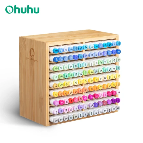 Ohuhu organizador de marcadores de bambu, armazenamento de mesa de madeira, 126 marcadores, canetas, lápis, pincéis de arte, organizador estacionário, suporte de caneta