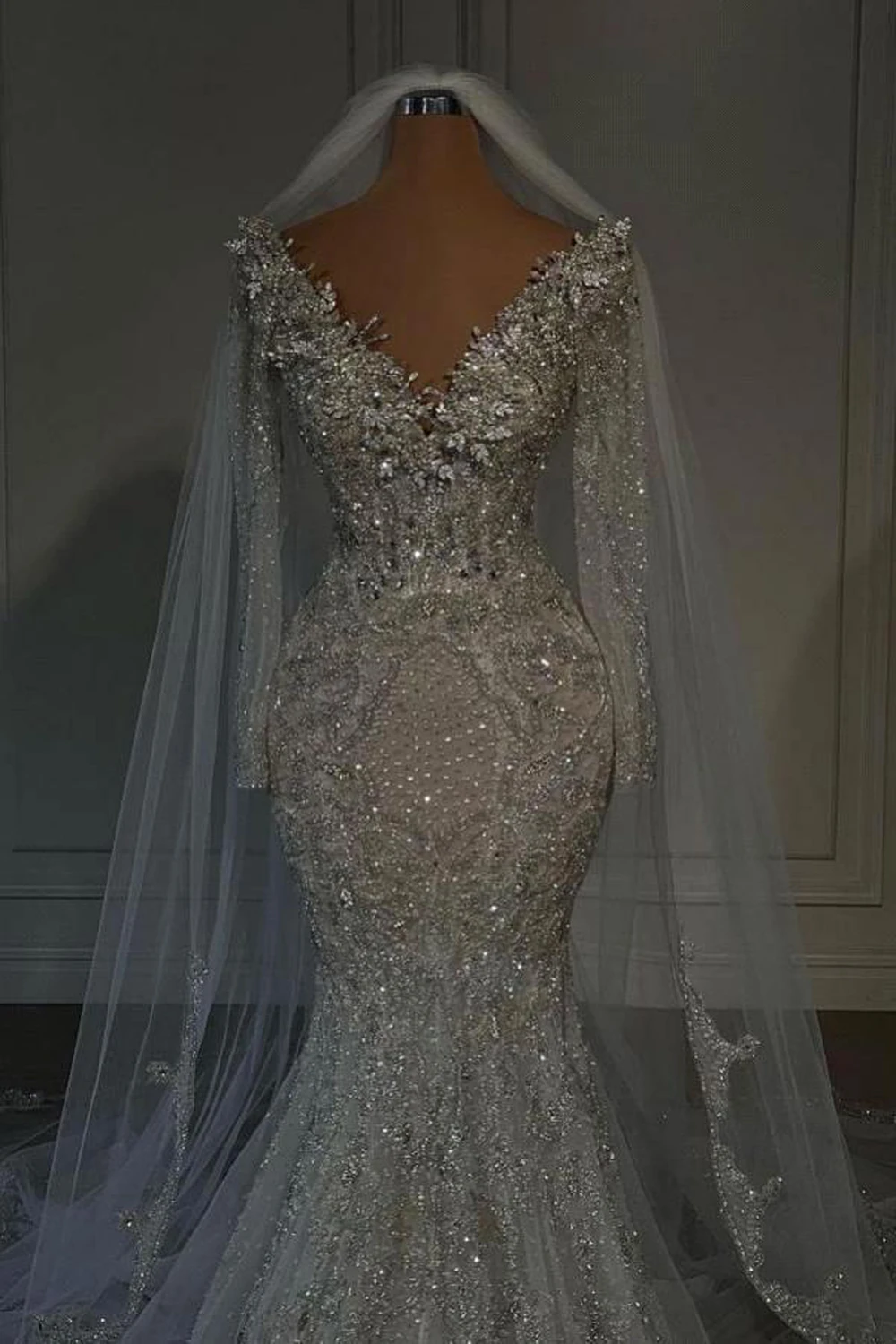 Luxury Beaded Pearls Mermaid Wedding Dresses Soft Tulle Sequined Crystal V Neck Bridal Formal Evening Prom Gown Vestido De Novia