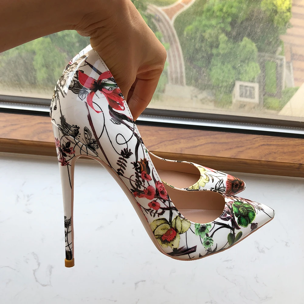 Tikicup Flower Printed Women White Patent Pointy Toe High Heel Wedding Party Dress Shoes 12cm 10cm 8cm Floral Stiletto Pumps