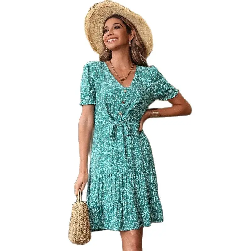 

Dresses For Women Casual Floral Printed Pleated Short Sleeve V Neck Mini Dress Fashion Folds Tunic Loose Spring Beach Sundress