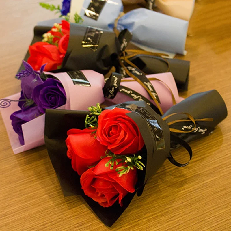 باقة صابون الورد الاصطناعي لعيد الحب مع دمية دب - صندوق هدايا على شكل زهرة صناعية، زهور مزيفة إبداعية لعيد الحب