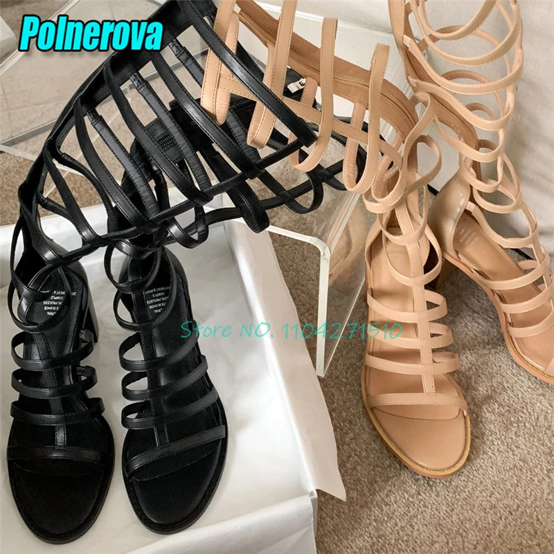 Open Toe Hollow T-Strap Gladiator Sandals Fashion Back Zipper Thick High Heels Knee High Boots Summer Outdoor Women's Shoes
