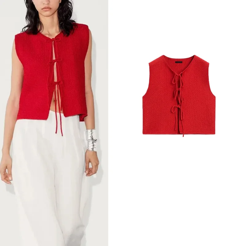 

Sweet Knot Small V-ne Svel Knitted Vest Faionable Simple New Women's Clothing Commute Sle Polyester Fiber