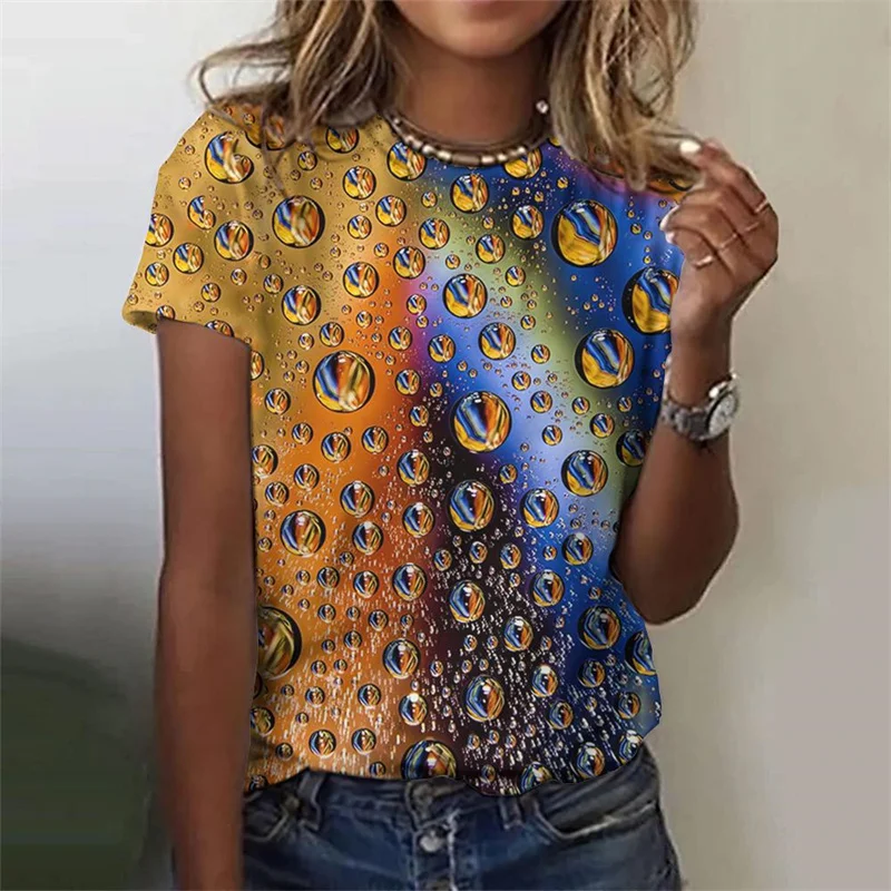 T-Shirt à manches courtes pour femmes, motif de gouttelettes colorées, dégradé imprimé en 3D, t-shirts d'été surdimensionnés, col rond, Y2K