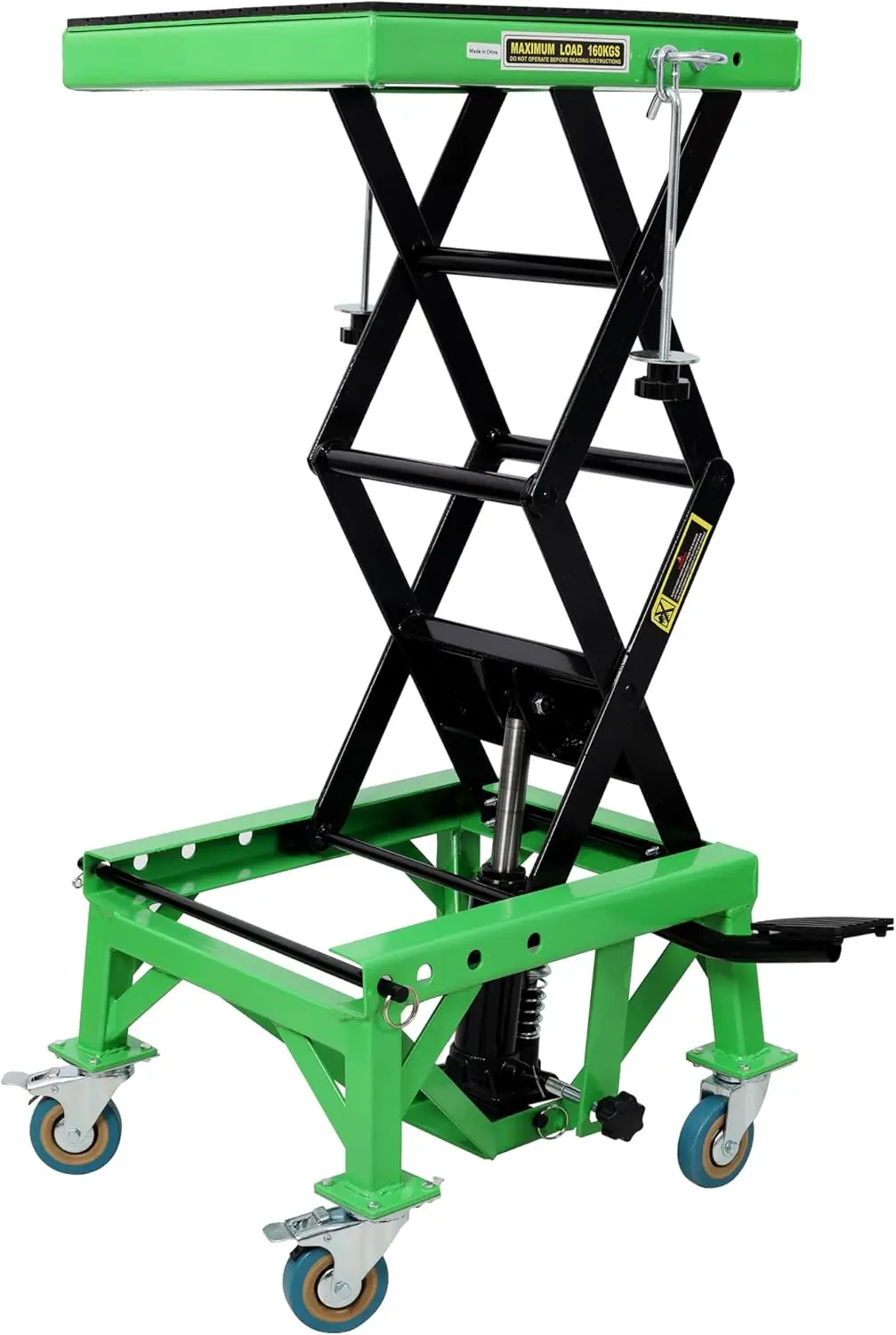 

Hydraulic Motorcycle Jack Lift 350lbs ATV/Dirt Bike Scissor Stand with Locking Wheels Safety Pin & J-Hook Green