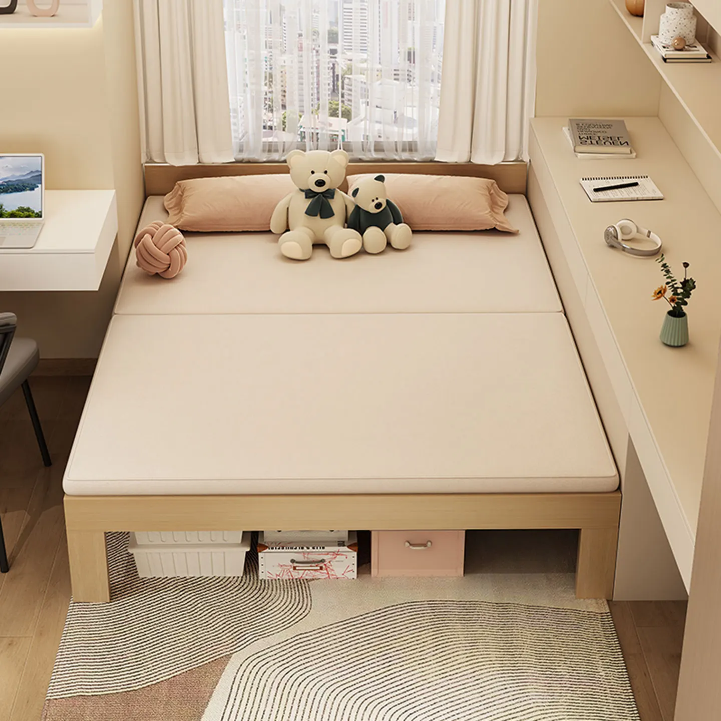 Solid wood bay window bed frame telescopic row skeleton telescopic bed pull-out bed bay window sofa small apartment bay window