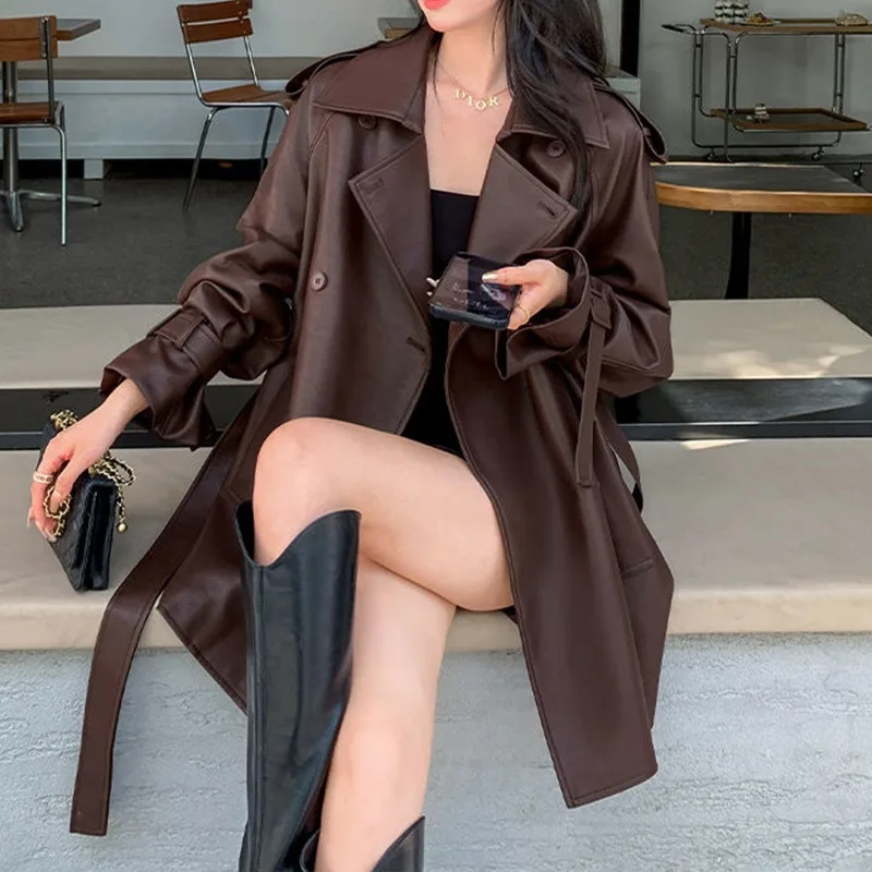 Veste en cuir marron pour femmes, nouvelle mode, Double boutonnage avec ceinture, revers, poignets réglables, vestes de loisirs, manteau en PU pour femmes, 2025