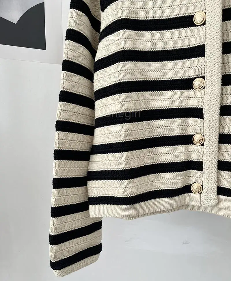 Donegirl Fashion 2023New Spring Autumn Single Row Button Knitted Striped Sweater Cardigans Slim Elegant Commute Tops Female Chic