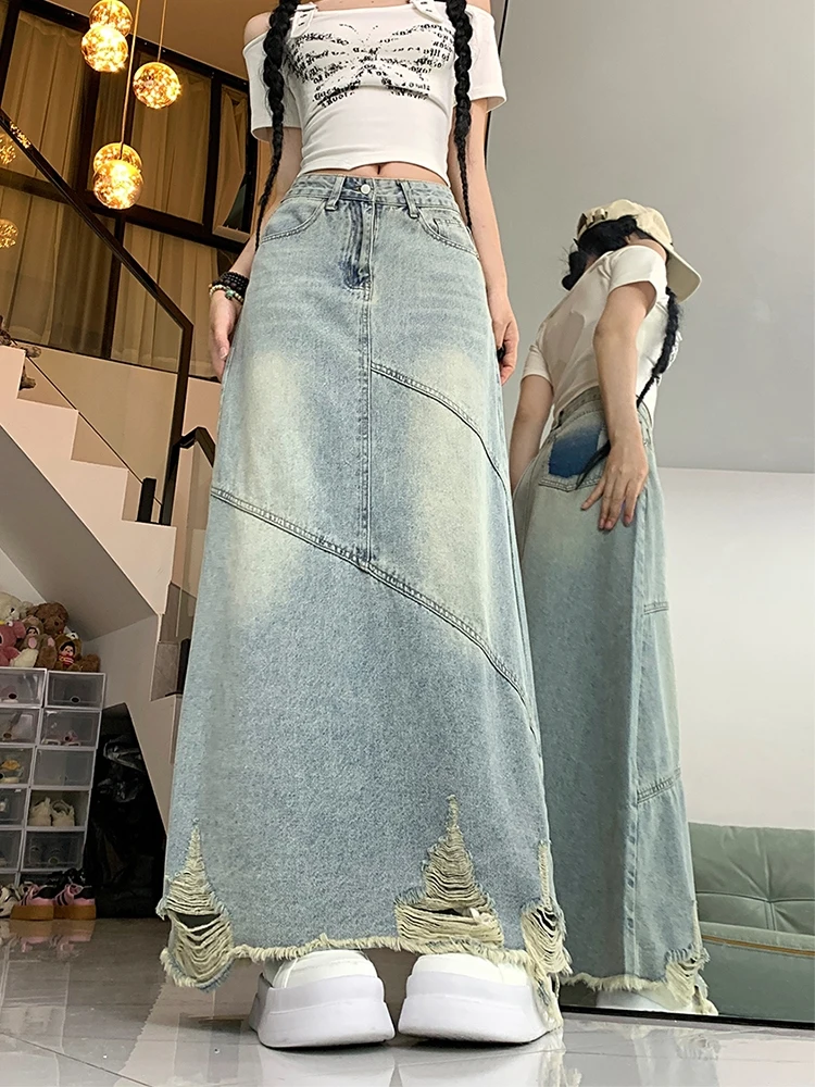 plus Size Denim  Skirt Women's High Waist A-Line Skirts with kets Button Detail Zipper Closure Faded Effect Long Skirts