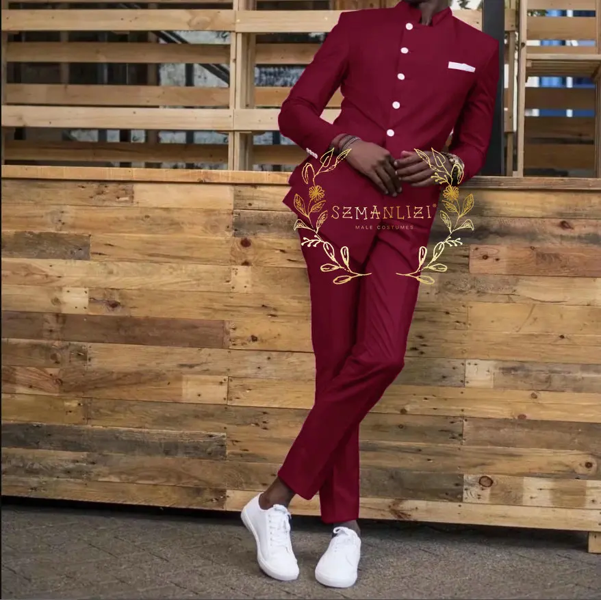Fashion Style Wedding Men Suits Slim Fit Stand Collar Blazer Pants 2 Piece Formal Business Groom Wear Tuxedos Costume Homme