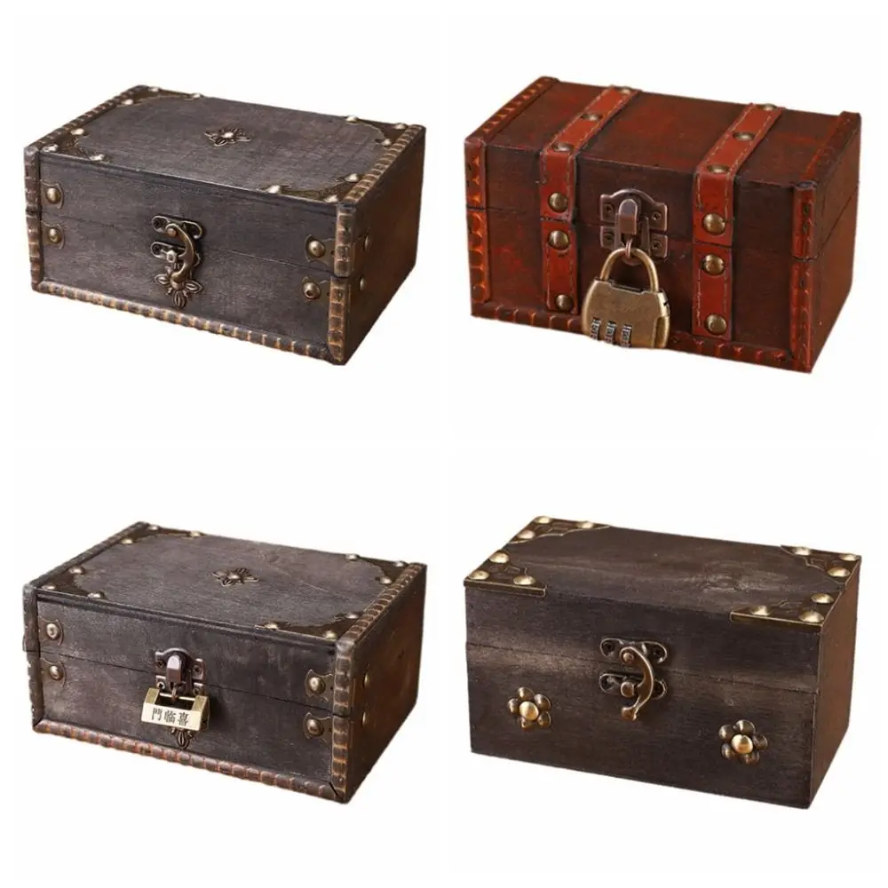 Vintage Multifunctional Treasure Chest Wooden Antique Jewelry Storage Box with a Lock Decorative Retro Style Desktop Organizer
