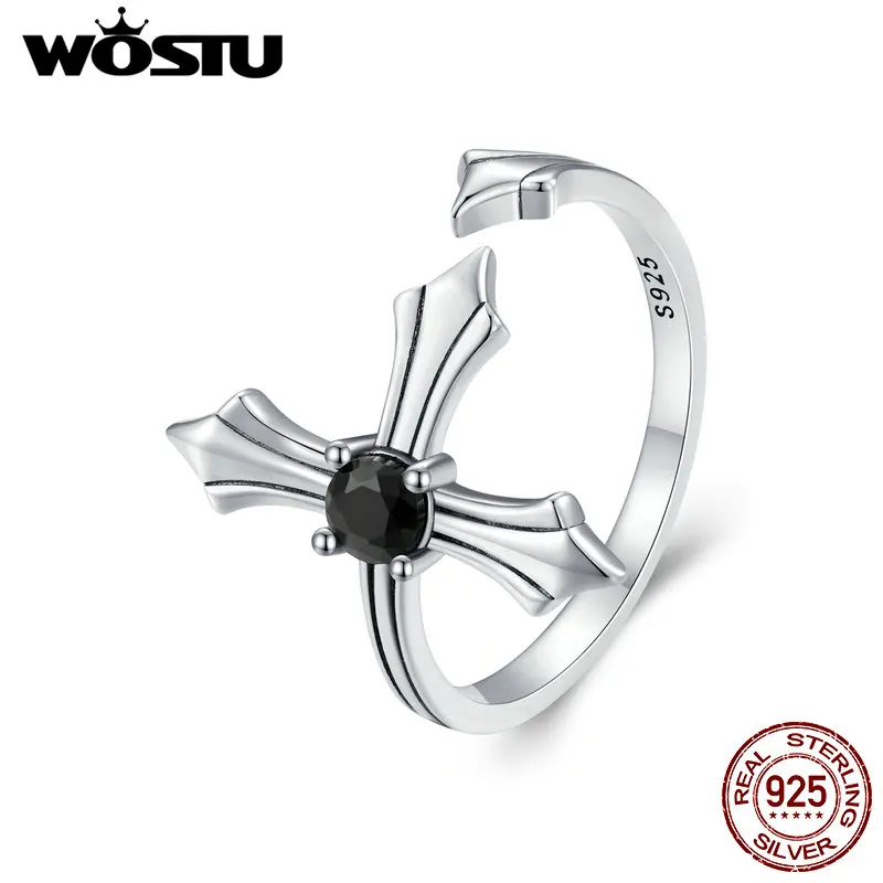 WOSTU 925 Sterling Silver Black Cross Opening Rings For Women Retro Punk Vintage Cross Ring Fine Jewelry Gift CQR939-E