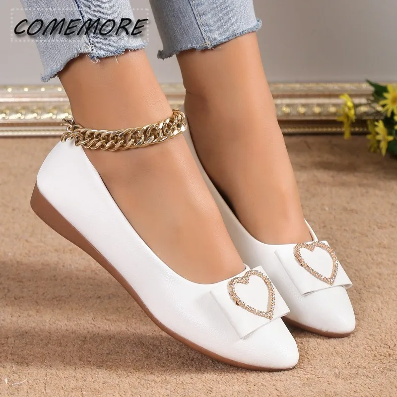 Spring Woman‘s Flats Shoes Ballets Metal Buckle Bow Lady Fall Girl Ballerina Dress Pointed Toe Slip on Office Leather PU Casual